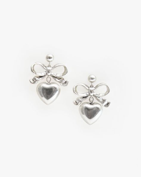 Heart Bow Earrings, Cute Jewelry Earrings Silver, Coquette Silver Jewelry, Funky Silver Earrings, Clean Girl Silver Jewelry, Hoco Jewelry Silver, What To Ask For Christmas Women, Bow Earrings Silver, Silver Heart Dangle Earrings