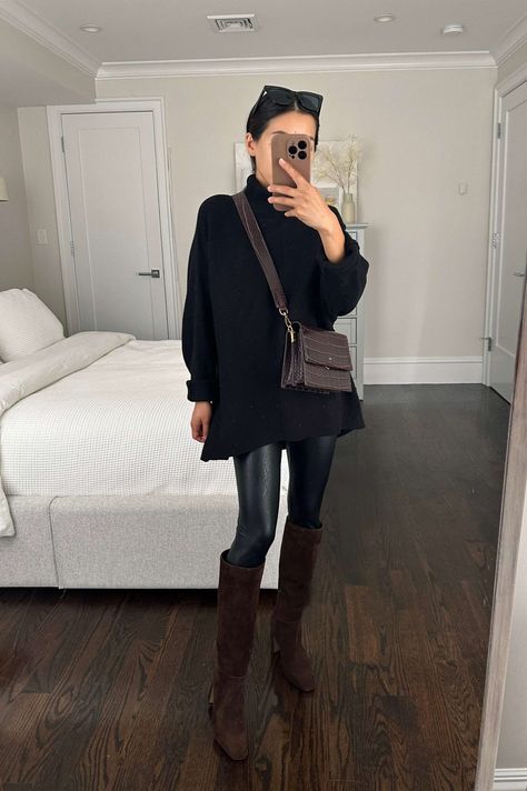 how to style chocolate brown knee high boots for fall 2023 // petite narrow calf Steve Madden boots Suede Knee High Boots Outfit, Petite Fall Outfits, Suede Boots Outfit, Levis Wedgie Jeans, Wedgie Jeans, Knee Boots Outfit, High Boots Outfit, Loafers Brown, Brown Knee High Boots