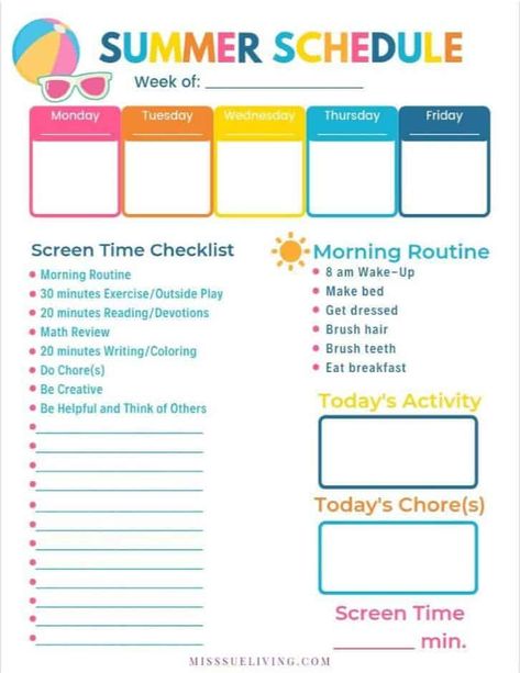 Making a Summer Schedule to Reduce Screen Time - Miss Sue Living Summer Schedule For Kids 9-12, Before Screen Time Checklist Summer, Summer List Before Screen Time, Elementary Summer Schedule, Teen Summer Schedule Daily Routines, Summer Schedule For Kids 8-10, Summer Schedule For Teens, Summer Screen Time Checklist, Summer Screen Time Rules