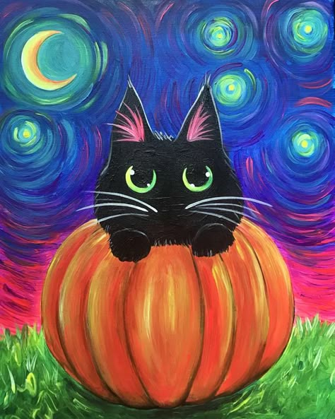 Halloween Canvas Paintings, Halloween Canvas Art, Halloween Art Projects, Fall Canvas Painting, Image Halloween, Fall Canvas, Paint Nite, Starry Eyed, Cartoon Painting