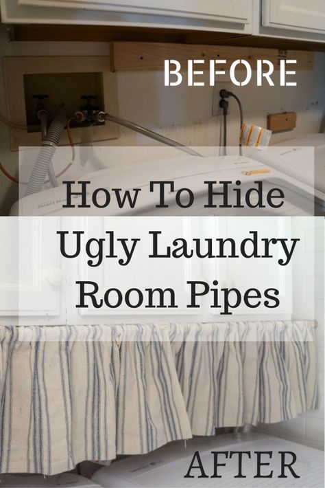 How to Hide Ugly Laundry Room Pipes Ideas To Hide Pipes On Wall, Unfinished Laundry Room, Unfinished Basement Laundry, Hidden Laundry Rooms, Laundry Room Curtains, Basement Laundry Room Makeover, Furnace Room, Hide Pipes, Washing Machine Hose