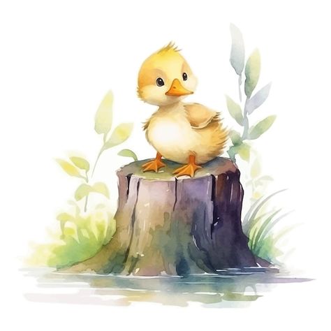 Vector cute little duck cartoon on stump... | Premium Vector #Freepik #vector #tropical #nature #grass #background Duck Clipart, Cute Ducklings, Paper Crafts Card, Wildlife Paintings, Baby Ducks, Farm Yard, Watercolor Animals, Watercolor Illustration, Nursery Art