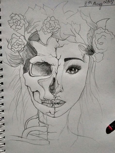 Half Skeleton 💀 half woman Half Skeleton Half Human Tattoo, Half Good Half Evil Drawing, Half Skeleton Half Human Drawing, Split Face Drawing, Face Drawing Female, Skeleton Sketch, Half Skeleton, Female Skeleton, Zombie Drawings