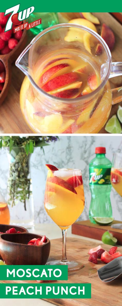 Making a signature cocktail—like this Moscato Peach Punch—is the perfect addition to your summer party menu. When planning your next get-together, make a Target run to pick up the ingredients you’ll need for this batch cocktail. Made with 7UP®, Moscato white wine, peach nectar, fresh peaches, and limes, this refreshing drink is one you can bet on. Did we mention that this boozy and bubbly combination is even more delicious with a garnish of berries?! Moscato Drinks, Summer Party Menu, Peach Punch, Target Run, Moscato Wine, Peach Nectar, Fresh Peaches, Snacks Für Party, Punch Recipes