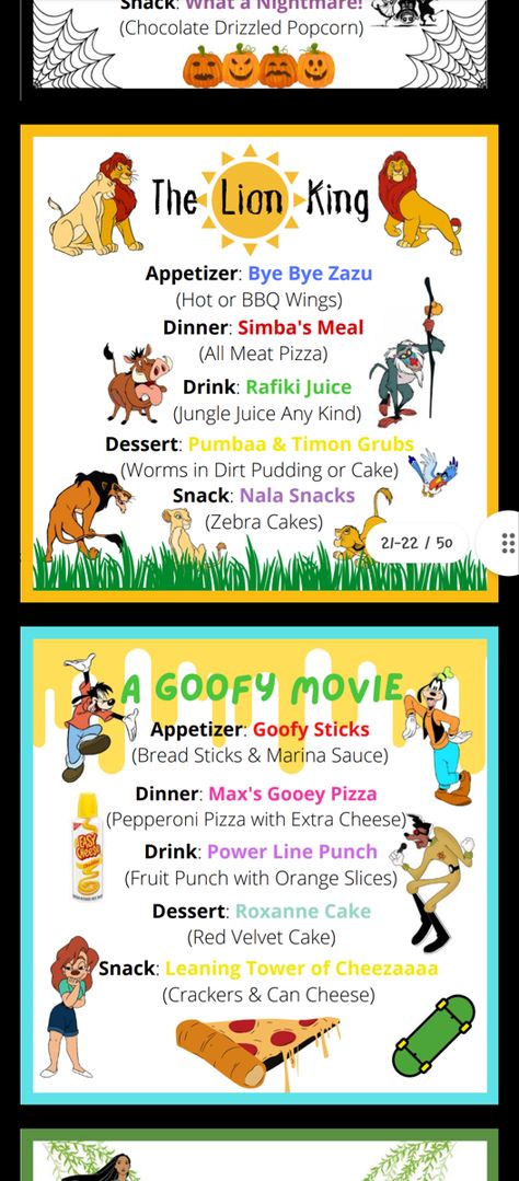 Movie Night Ideas Disney, Treasure Planet Movie Night, Disney Movie Night Menu Lion King, Goofy Movie Food, Lion King Movie Night Dinner, Disney Movie Night Theme Food, Dinner And Movie Theme Night Adults, Disney Meal Ideas, Disney Themed Potluck