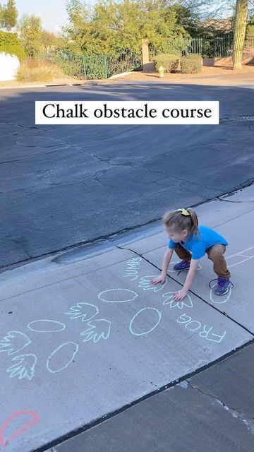 Lactation & Language, LLC on Instagram: "EDIT to address many comments: Yes, I know. I'm just as on edge that her shoes are untied. They never stay tied. All the more reason for her to learn to tie them independently, which she has at the age of 4 😅🥴 Also, her shirt is inside out because her school info is on it and I didn't want to post it. This post is to bring attention to getting kids outside and moving. This post is not to judge my parenting. Thanks for your concern. . We love doing chalk Untied Shoes, Toddler Obstacle Course, Sidewalk Chalk Games, Chalk Activities, Outdoor Studio, 1 Million Views, Kids Obstacle Course, School Drawing, Child Education