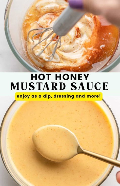 Sweet, tangy, creamy and spicy - this Hot Honey Mustard Dipping Sauce packs a punch with very little effort and few ingredients needed! Zaxbys Hot Honey Mustard Sauce Recipe, What To Use Hot Honey With, Hot Honey Dipping Sauce, Spicy Honey Mustard Sauce, Hot Mustard Dipping Sauce, Mikes Hot Honey Recipes, Spicy Mustard Recipe, Hot Honey Mustard Sauce, Hot Honey Dip