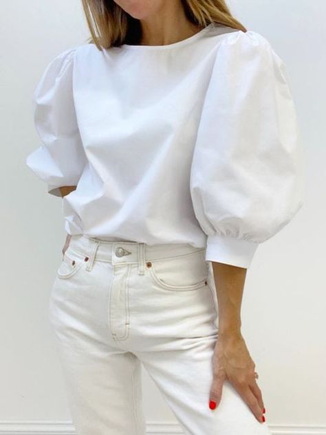 Puffy Sleeve White Shirt, Puff Shirt Outfit, White Shirt Puffy Sleeves, Puff Sleeve Shirt Outfit, Puffy Sleeves Blouse Outfit, White Blouse Outfit Classy, White Puffy Sleeve Top, Sleeve Shirt Outfit, Puffy Sleeves Blouse