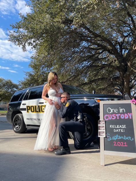 Cop And Nurse Engagement Photos, Police Nurse Couple, Engagement Photos Police Officer, Police Officer Pregnancy Announcement, Law Enforcement Engagement Pictures, Police Baby Announcement, Cop Wedding, Mom Baby Pictures, Police Wedding