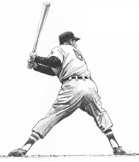 Robert Riger drawing of Stan Misial for Sports Illustrated, 1956. Baseball Player Drawing, Baseball Sketch, Sports Illustrations Art, Inspo Sketch, Baseball Tattoo, Baseball Drawings, Baseball Painting, Baseball Tattoos, Sports Drawings