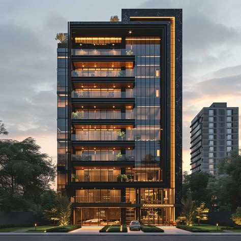 Exquisite Exterior Color Combinations with Champagne Gold and Ebony for a Touch of Glamour • 333k+ Inspiring Lifestyle Ideas 8 Storey Building Design, Exterior Elevation, Modern Building Design Exterior, Luxurious Buildings Exterior, 8 Storey Residential Building Design, Luxury Office Building Exterior, Hotel Exterior Design, Business Hotel, Office Building Exterior