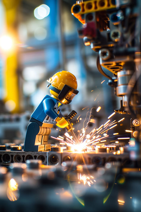 Amidst the hum of machinery and the glow of artificial light, Lego welder stands as a symbol of industriousness. With sparks flying and metal components melding under their skilled hands, they're the heartbeat of the factory floor. The background blurs into a tapestry of industry, a testament to the productivity and precision that defines this bustling workplace. Lego Photography Ideas, Lego Backgrounds, Figure Diorama, Lego Poster, Lego Wallpaper, Lego People, Miniature Photography, Lego Minifigs, Toy Photography