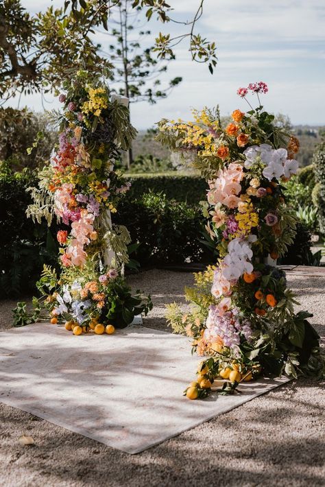 Wedding Flowers Colourful, Colorful Bride, Cocktail Furniture, Hire Style, Floral Arches, Ceremony Florals, Byron Bay Weddings, Flower Tower, Ghost Chairs