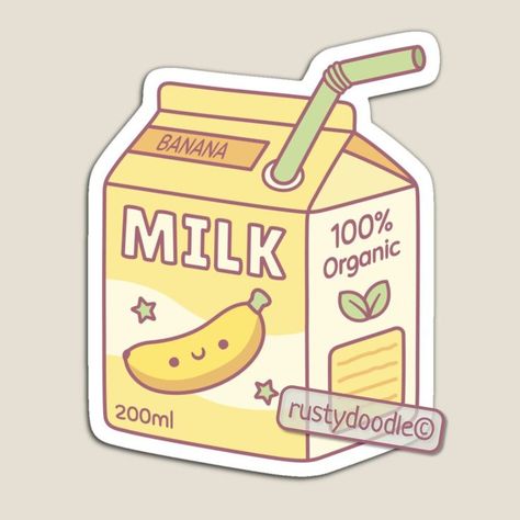 Banana Flavored Milk, Milk Drawing, Cute Banana, Box Sticker, Cute Doodle, Food Cartoon, Banana Milk, Cute Food Drawings, Flavored Milk