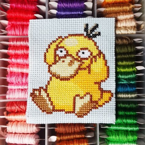 Psyduck Cross Stitch, Pixel Art, Cross Stitch Patterns, Stitch Patterns, Cross Stitch, Wall Hanging, Embroidery, Wall, Pattern