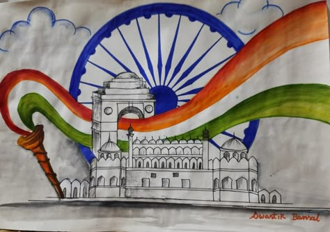 Republic Day Creative Drawing, Happy Independence Day Drawing Ideas, Republic Day Drawing Competition, Drawings For Independence Day, Independence Day Painting Competition, Independent Day Drawing 15 August, 15 August Independence Day Painting, 15 August Independence Day Sketch, National Integration Drawings