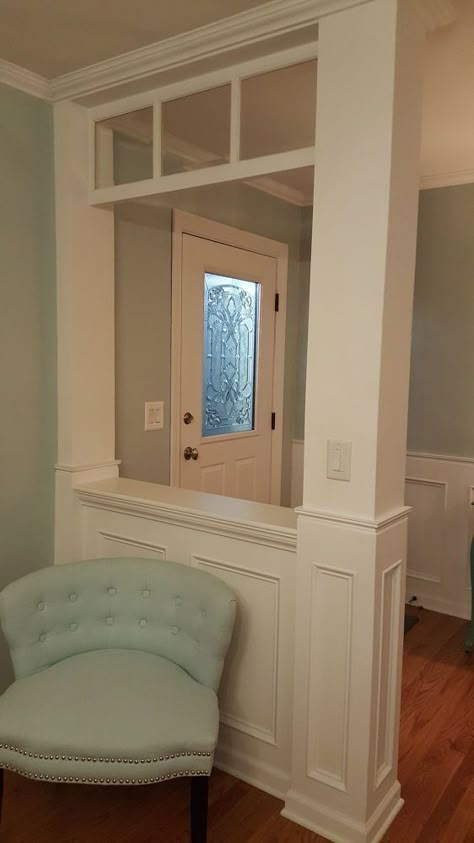 A stunning way to upgrade your boring front door! Short Wall Ideas, Half Wall Ideas, Interior Columns, Half Walls, Glass Front Door, Living Room Remodel, Door Ideas, Room Remodeling, Basement Remodeling