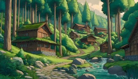 Premium Photo | Ranquil village nestled in a lush forest with wooden houses Ghibli anime style Forest Village, Ghibli Anime, Lush Forest, Wooden Houses, Flyer Maker, Poster Maker, Business Card Maker, Card Banner, Poster Invitation