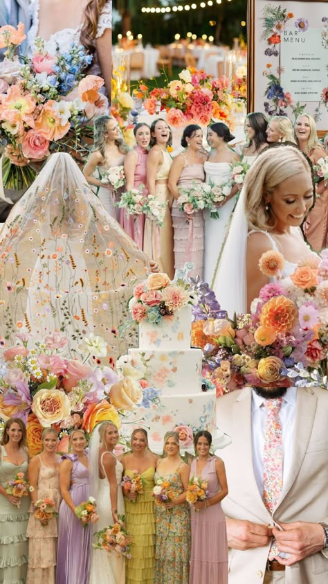 #weddinginspo #floralwedding Bright Wedding Theme, Bridesmaid Aesthetic, Pastel Garden Wedding, Colorful Wedding Decor, Bold Wedding Colors, Wedding Floral Arch, Pastel Wedding Theme, Wildflower Wedding Theme, Multicolor Wedding