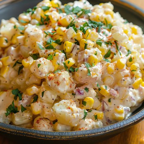 Mexican Street Corn Potato Salad Street Corn Potato Salad, Hot Potato Salad Recipe, Corn Salad Healthy, Mexican Potato Salad, Corn Potato Salad, Corn Casserole With Cream Cheese, Mexican Street Corn Casserole, Catering Appetizers, Mexican Potatoes