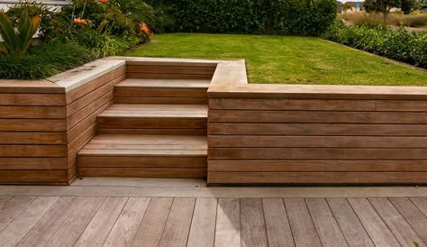 Courtyard With Retaining Wall, Modern Wood Retaining Wall, Wood Retention Wall Landscaping, Wood Retaining Wall Sloped Yard, Garden Retention Wall, Cedar Retaining Wall, Retaining Wall Cladding, Garden Wall Cladding Ideas, Wood Retaining Wall Ideas