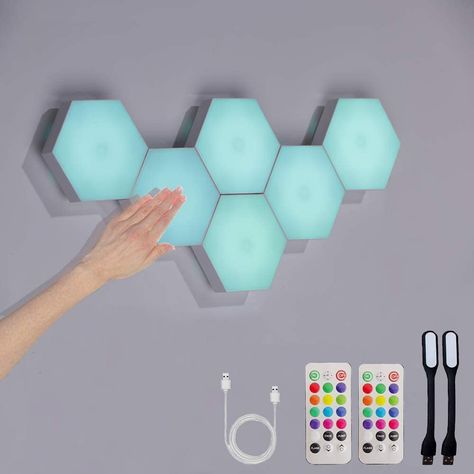 Hexagon Lights with Remote, Smart DIY Hexagon Wall Lights, Dual Control Hexagonal LED Light Wall Panels with USB-Power, Geometry Hex Lights Touch Used in Game Room Decor, Party Hexagon Lights, Led Light Wall, Hexagon Wall, Desain Pantry, Light Panels, Night Light Projector, Gamer Room, 3d Wall Panels, Light Touch