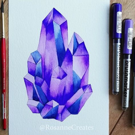 Crystal Wall Art, Crystals Watercolors, Crystal Painting, Crystal Drawing, Prismacolor Art, Love Wall Art, Purple Art, Crystal Wall, Purple Crystal