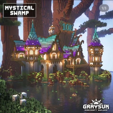 Colorful Minecraft Houses, Colorful Minecraft Builds, Minecraft Swamp Build, Minecraft Fantasy Ideas, Roof Minecraft, Minecraft Magical Builds, Magical Minecraft Builds, Minecraft Fantasy Builds, Minecraft Fantasy House