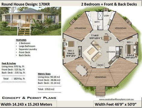 Bedroom 2 Bed, Design Casa Piccola, 2 Bedroom House Design, Round House Plans, Octagon House, House Plans For Sale, Small Cottage House Plans, Small Cottage Homes, Box House