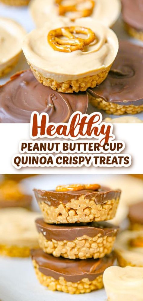 This easy Healthy Peanut Butter Cup Quinoa Crispy Treats recipe is the perfect snack or treat when you want something healthy, crunchy and full of chocolate and peanut butter flavor! Only 5 ingredients needed, vegan, dairy-free and gluten-free, what could be better? Get this easy chocolate dessert recipe and start snacking TODAY Puffed Quinoa Crispy Treats, Quinoa Crispy Treats, Quinoa Chocolate Crisps, Easy Peanut Butter Desserts, Quinoa Dessert Recipes, Peanut Butter Quinoa, Keto Peanut Butter Cups, Quinoa Desserts, Peanut Butter Marshmallow Squares