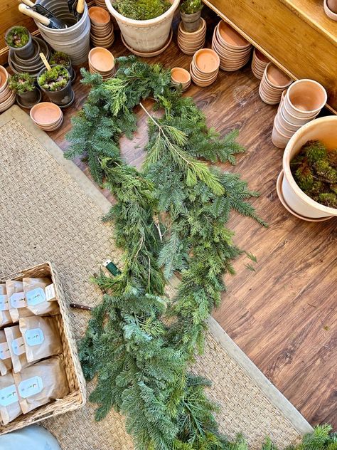 Adding Fresh Greens to Faux Garland at the Shop – Jenny Steffens Hobick Fresh Garlands, Artificial Garland, Green Garland, Mixed Greens, Fresh Green, Floral Wire, Earth Friendly, Twinkle Lights, Ribbon Colors