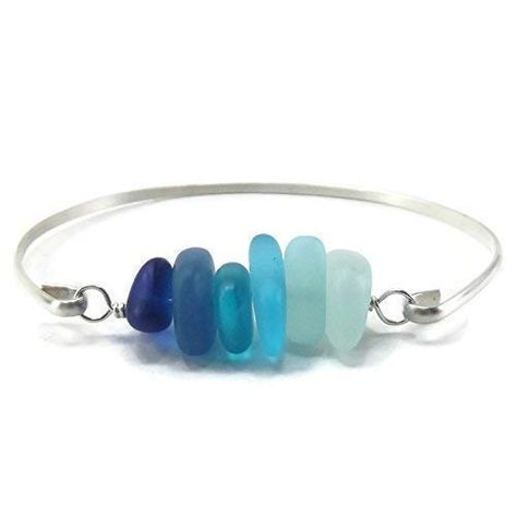 Silver Ombre, Silver Jewelry Diy, Sea Glass Bracelet, Glass Bangles, Beachglass Jewelry, Fun Jewelry, Blue Sea Glass, Glass Bracelet, Elegant Bracelet