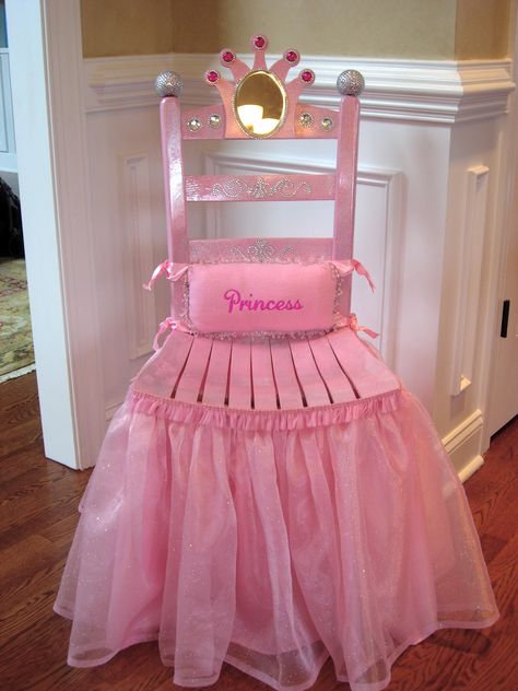 The Princess Chair 2010 Princess Salon Party, Disney Princess Furniture Diy, Diy Princess Chair Ideas, Princess Chairs Ideas, Princess Chair Diy, Furniture Painted Black, Princess Balloon Decorations, Princess Furniture, Princess Chair