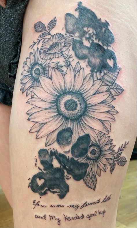 Paw Print Half Sleeve Tattoo, Paw Print Leg Tattoo, Pawprint Flower Tattoo, Paw Prints With Flowers Tattoo, Paw Prints And Flowers Tattoo, Sunflower Dog Tattoo, Dog Print Tattoo With Flowers, Flower And Paw Print Tattoo, Paw Print And Flower Tattoo