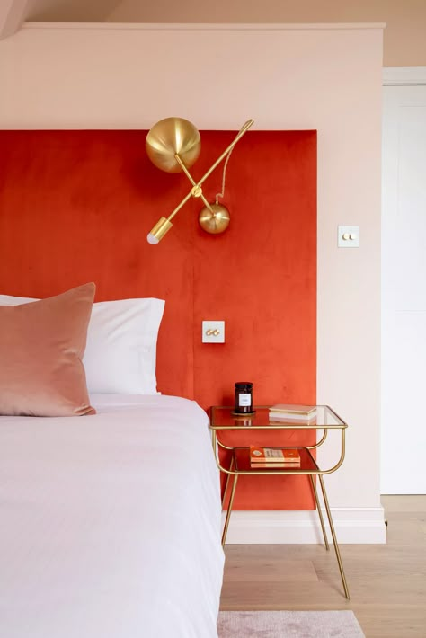 Orange Headboard, 70s Interior, Luxe Bedroom, Bedroom Colour Palette, Headboard With Lights, Reading Lights, Velvet Headboard, Bedroom Orange, Bedroom Color Schemes