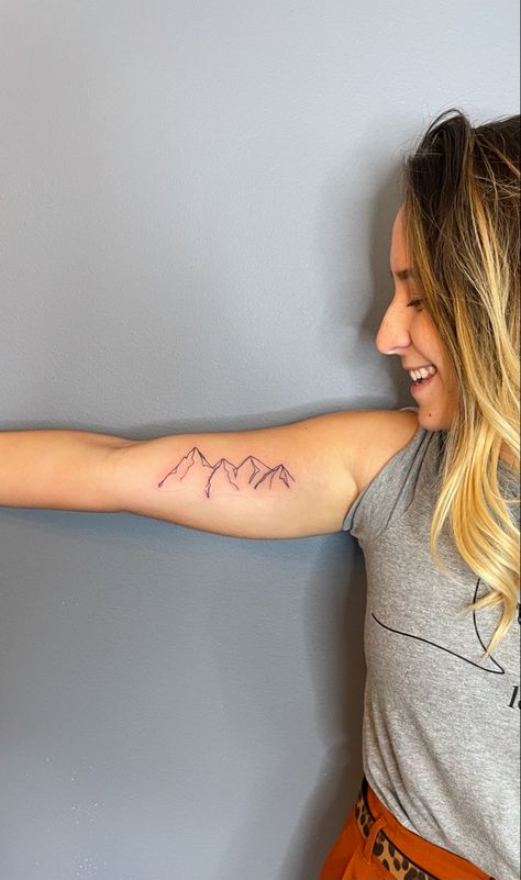 Tattoos For Women Mountains, Mountain Tattoo Inner Bicep, Mountain Tattoo Ideas Female, Mountain Tattoo Bicep, Mountain Tattoo On Bicep, Female Mountain Tattoo, Mountain Tattoo Placement, Mountain Tattoo Linework, Small Line Mountain Tattoo