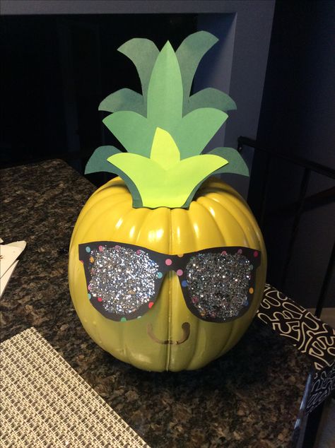 Yellow Pumpkin Decorating Ideas, Tropical Pumpkin Painting Ideas, Cactus Pumpkin Painting Ideas, Anything But A Pumpkin Contest, Food Themed Pumpkin Decorating, Pineapple Pumpkin Painting, Easy No Carve Pumpkin Ideas, Non Carved Decorated Pumpkins, Small Pumpkin Decorating Ideas