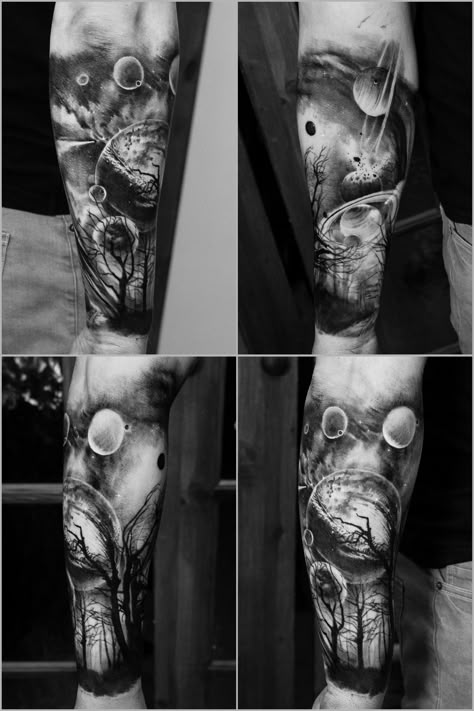 Forest Galaxy Tattoo, Universe Tattoo Sleeve, Space Sleeve Tattoo, Space Tattoo Designs, Space Forest, Galaxy Tattoo Sleeve, Space Tattoo Sleeve, Natur Tattoo Arm, Outer Space Tattoos