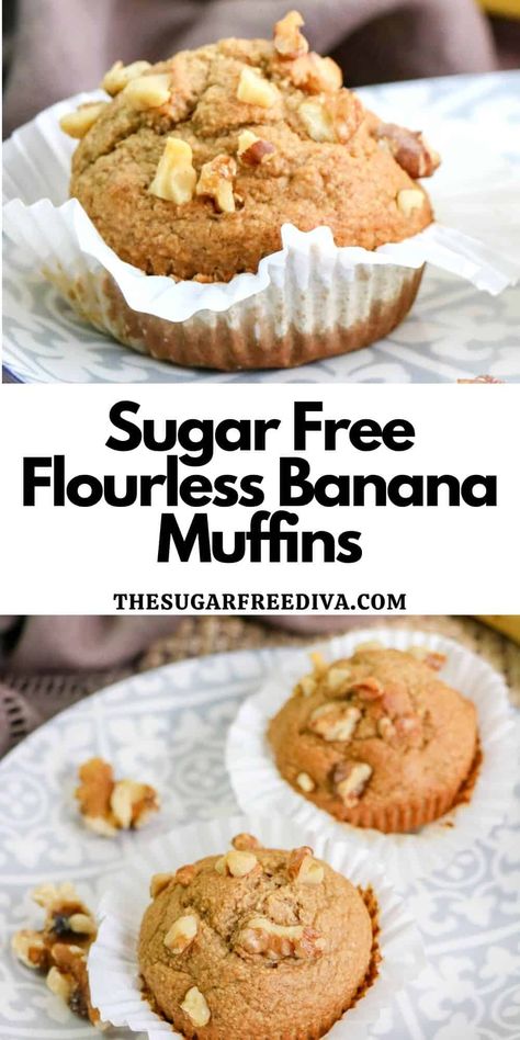 Sugar Free Flourless Banana Muffins, a tasty blender recipe that is made with Greek Yogurt, Oats, and no added sugar. Banana Recipes No Sugar, Low Calorie Banana Muffins, Low Sugar Banana Muffins, Banana Muffins No Sugar, Greek Yogurt Oats, Low Carb Banana Muffins, Flourless Banana Muffins, Banana Yogurt Muffins, Sugar Free Banana Muffins