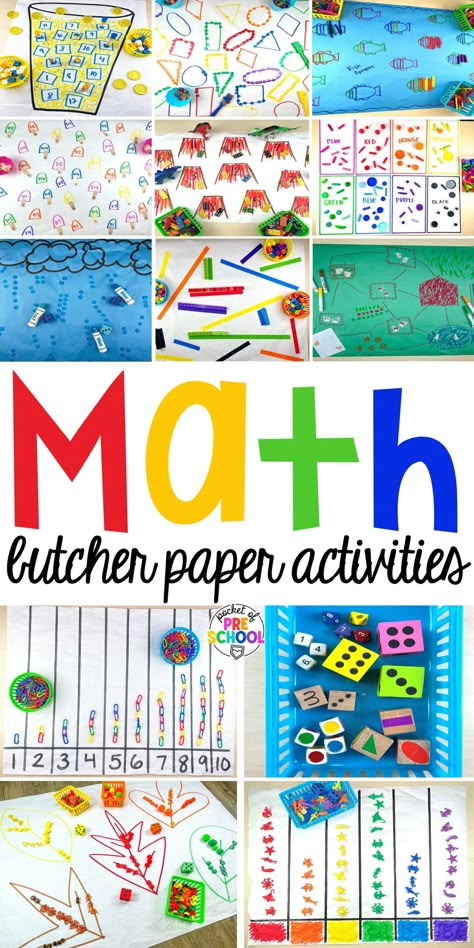 Math butcher paper activities for preschool, pre-k, and kindergarten students to move and explore while learning. Math Project Preschool, Play Based Math Kindergarten, Math Curriculum Preschool, Kindergarten Make And Take Activities, Vpk Math Activities, Spring Butcher Paper Activities Preschool, Independent Work Preschool, Math Art Preschool, Preschool Manipulatives Center