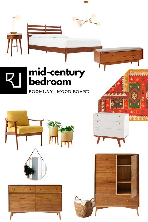 Small Mid Century Bedroom, Square Bedroom Layout, Furniture Mood Board, Mcm Room, Mid Century Modern Bedroom Design, Square Bedroom, Mid Century Modern Bedroom Furniture, Mid Century Bedroom, Teen Boy Room