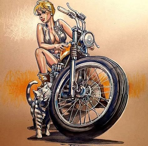 Pin Up Motorcycle, Motorbike Illustration, Motorcycle Art Painting, Pin Up Girl Tattoo, Arte Pin Up, Female Motorcycle Riders, Rockabilly Art, Motorcycle Drawing, Vintage Motorcycle Posters