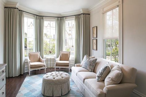 Living Rooms Bay Window Nursery - Design, decor, photos, pictures ... Bay Window Dressing, Blue Moroccan Tile, Beige Couch, Green Drapes, Moroccan Table, Beige Living Rooms, Transitional Living, Beige Sofa, Transitional Living Rooms