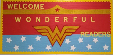 Wonder Woman Bulletin Board #wonderwoman #superhero Marvel Classroom, Hero Bulletin Board, Superhero Bulletin Boards, Superhero Class, Super Hero Classroom, Ra Themes, Superhero Classroom Theme, Classroom Theme Ideas, Reading Night