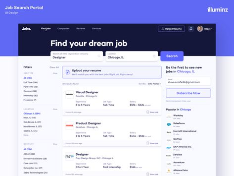 Find Jobs Page - Job Portal by Anmol Arora for illuminz on Dribbble Job Portal Website, Portal Design, Job Page, Wireframe Design, Card Ui, Job Website, Website Management, Conference Design, Nyc Design