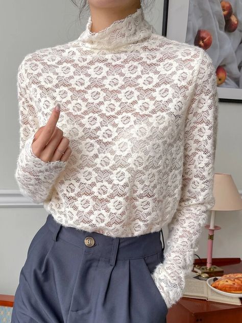 DAZY Mock Neck Lace Top Without Bra | SHEIN EUR Mock Neck Top Outfit, Neck Top Outfit, Lace Mock Neck Top, Without Bra, Floral Lace Tops, Top Outfit, Mock Neck Top, Neck Lace, Spring Summer Outfits