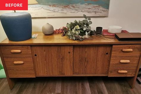 Office Credenza Makeover, Office Credenza Decor Ideas, Billy Regal Hack, Credenza Makeover, Wooden Media Console, Dark Brown Cabinets, Diy Furniture Flip, Totally 80s, Furniture Flipping