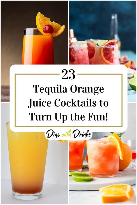 Collage of 4 tequila orange juice cocktails. Tequila And Orange Juice, Juice Cocktail Recipes, Tequila Orange Juice, Tequila Based Cocktails, Margarita Drinks, Tequila Mixed Drinks, Orange Juice Cocktails, Low Sugar Drinks, Orange Margarita