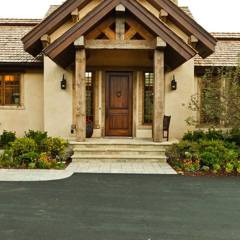 Stucco House Front Door Home Design Ideas, Pictures, Remodel and Decor Craftsman Front Doors, Timber Frame Porch, Rustic Entry, Rustic Front Door, Building A Porch, Rustic Exterior, Entry Design, Stucco Homes, Urban Interiors