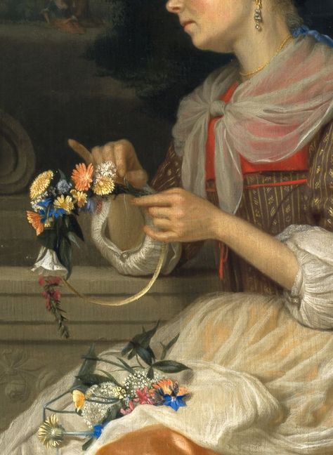 Godefridus Schalcken - Woman Weaving a Crown of Flowers Crown Painting, Crown Of Flowers, Crown Aesthetic, Antique Aesthetic, Time Painting, Woman Weaving, Old Paintings, Historical Costume, Old Master